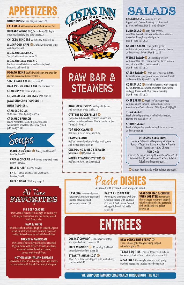 Costas Inn Timonium Menu Page 1 Revised 022326